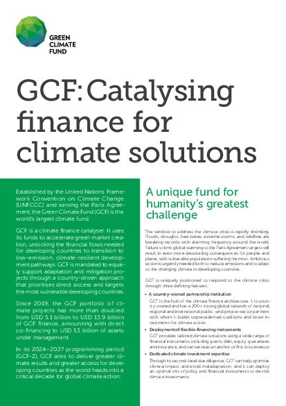 Download GCF: Catalysing finance for climate solutions Document cover for GCF: Catalysing finance for climate solutions